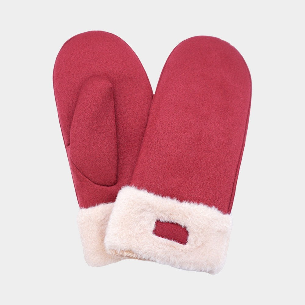 Women's Faux Fur Cuff Fleece Lined Mittens One Size Burgundy 100% Polyester