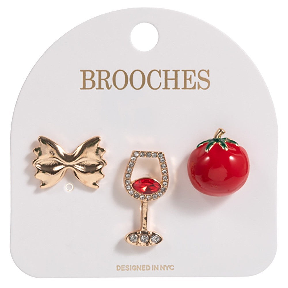 3pc Italian Dinner Gold Brooch Set - Pasta Tomato & Wine Glass Novelty Pins