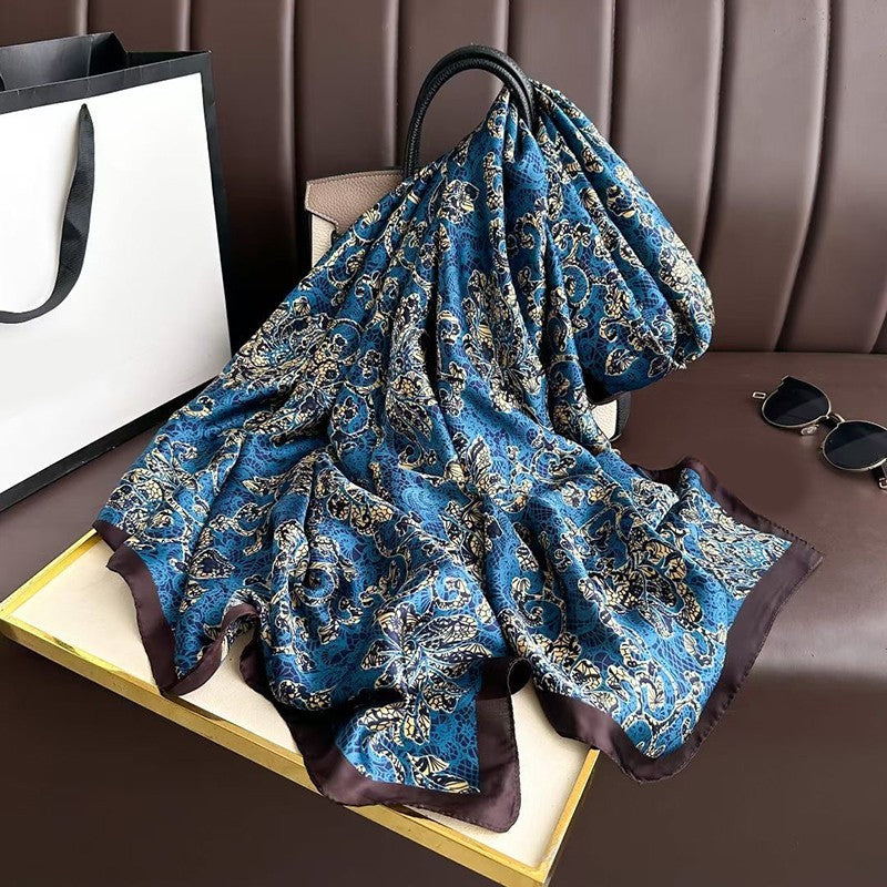 Baroque Blue Gold Scarf Wrap 71 x 35" Polyester Silk Feel Elegant Shawl