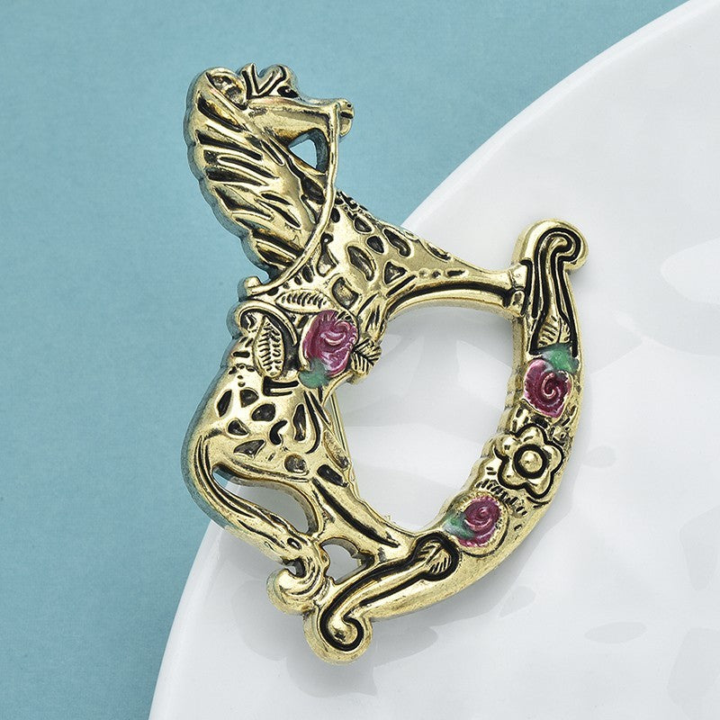 2pcs Vintage Antique Gold Rocking Horse Brooch Pink Rose Floral Equestrian Pin