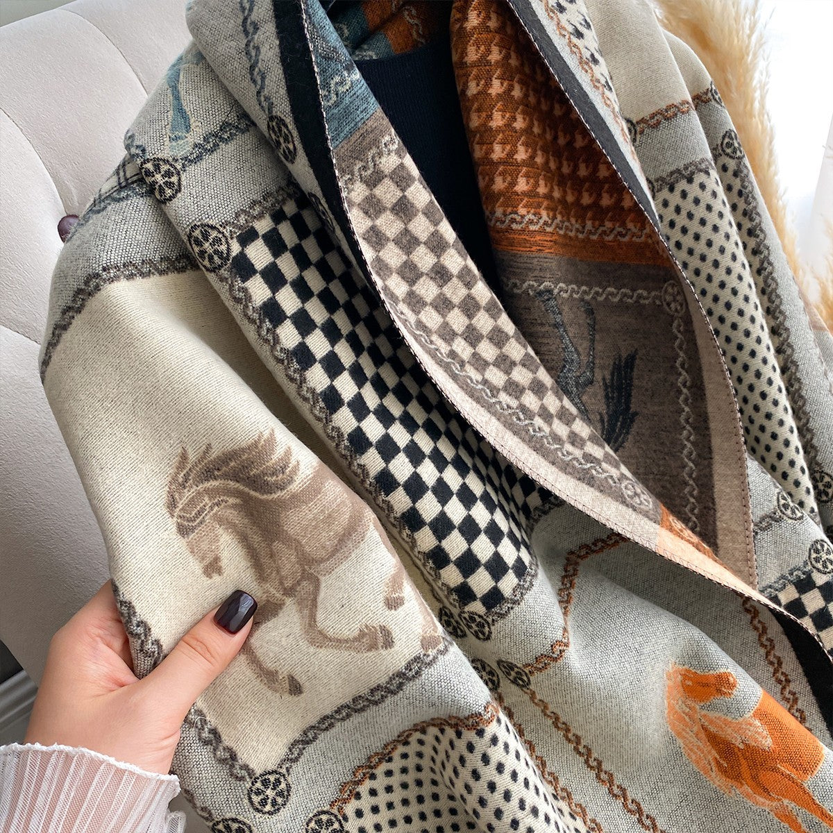 Oversized Equestrian Horse Patchwork Plaid Scarf Shawl Wrap Fringed Fall Winter