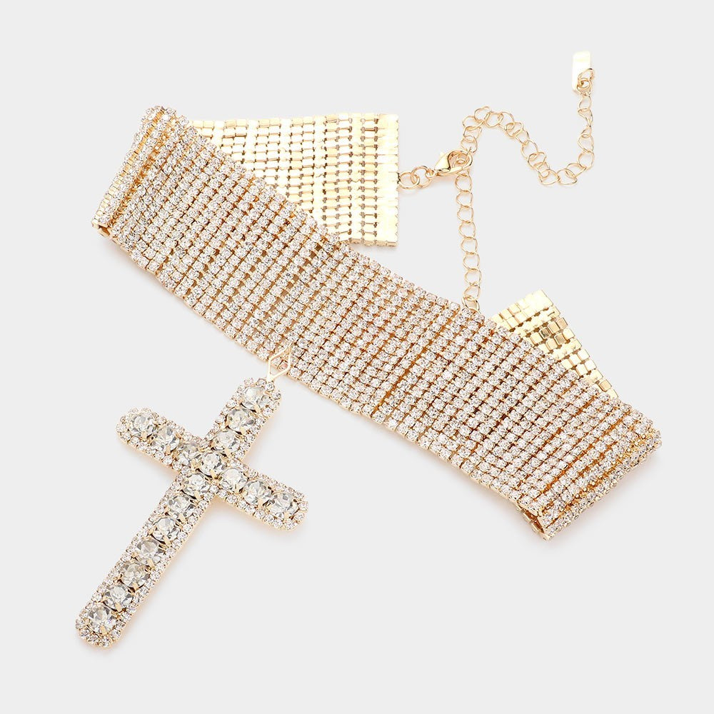 Dazzling Gold Rhinestone Wide Choker Necklace with Large Cross Pendant Earrings