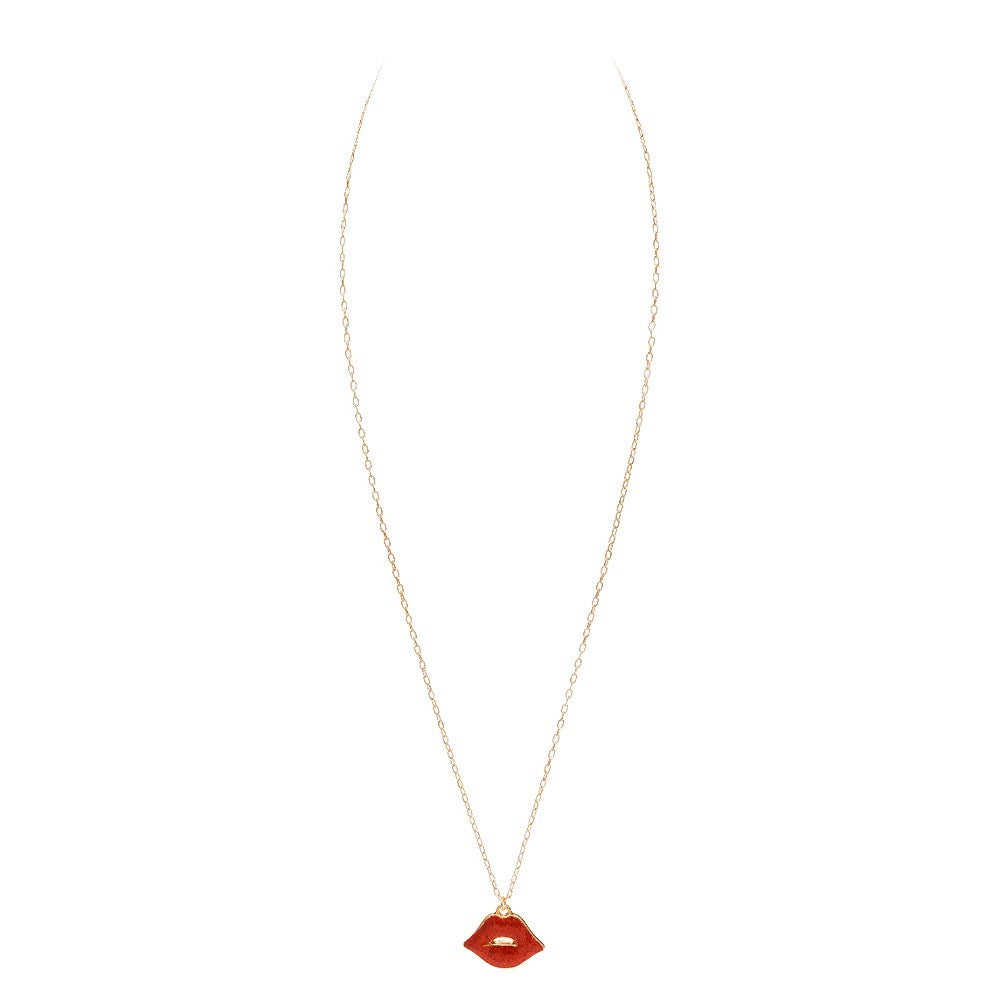 Sparkly Red Lips Pendant Necklace Dainty Gold Chain Valentine Jewelry 17 Inches