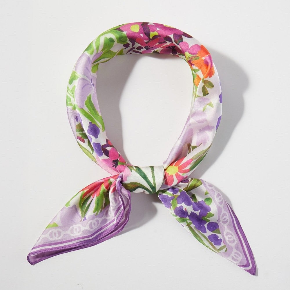 Purple Floral Garden Square Scarf Silky Neck Head Handbag Accessory