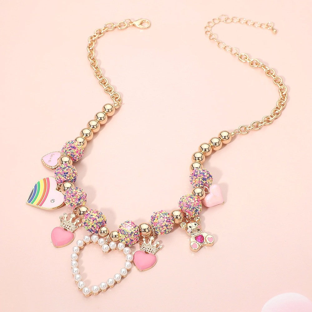 Girls' Gold Charm Necklace with Pink Hearts, Rainbows, & Teddy Bear – Adjustable