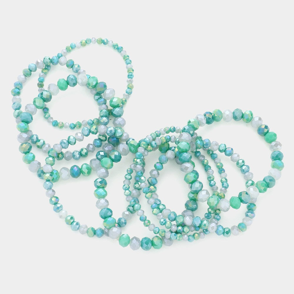 9-Piece Aqua Green & Iridescent Faceted Bead Stretch Bracelet Set for Women