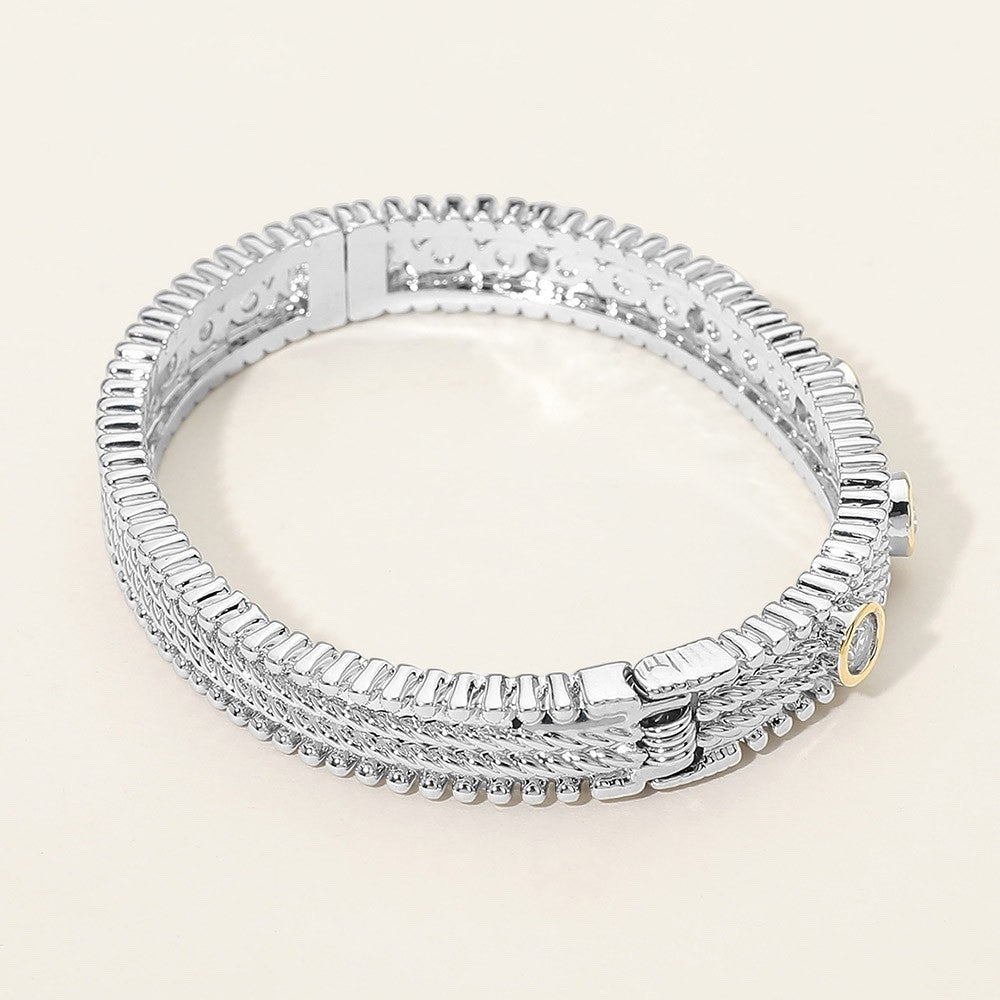 Silver & Gold Two-Tone Rope Texture Cubic Zirconia Hinged Bangle Bracelet
