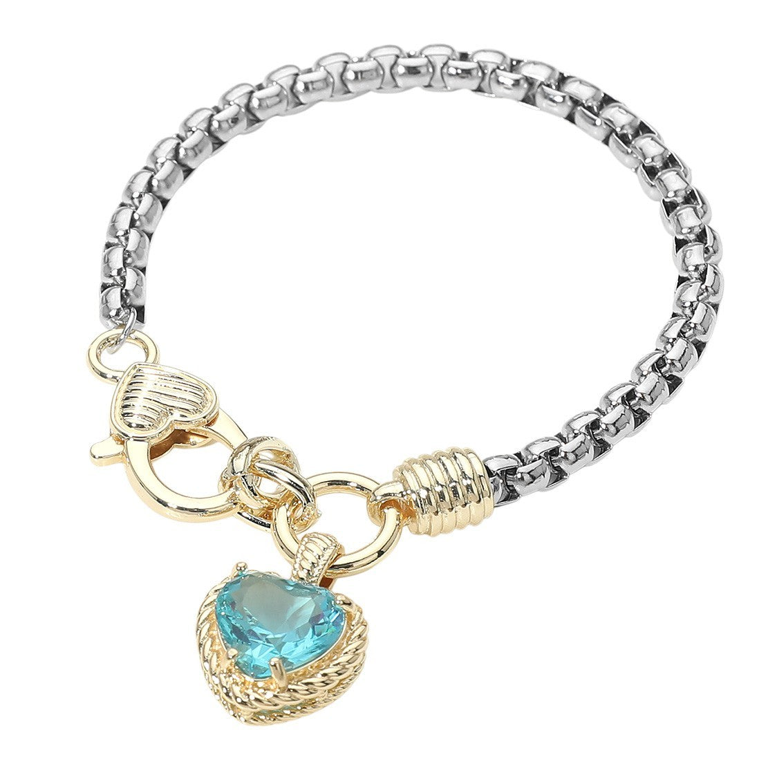 Two Tone Blue CZ Stone Heart Charm Round Box Chain Bracelet with Lobster Clasp
