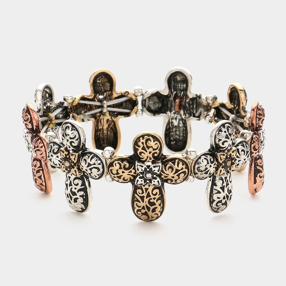 Metal Filigree Cross Link Stretch Bracelet Religious Fashion Jewelry for Women