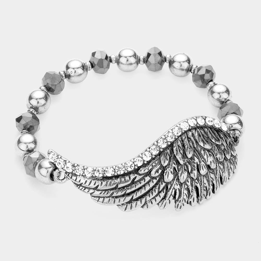 Silver Tone Angel Wing Rhinestone Charm Beaded Stretch Bracelet for Women