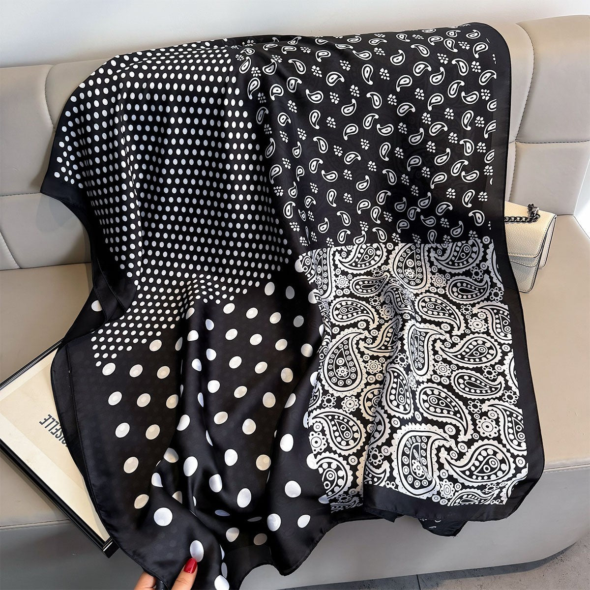 Black White Polka Dot Paisley Patchwork Silk Feel Scarf Shawl Wrap