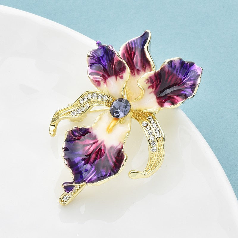 3pcs Orchid Flower Brooch Set Enamel Rhinestone Floral Pins Multicolor