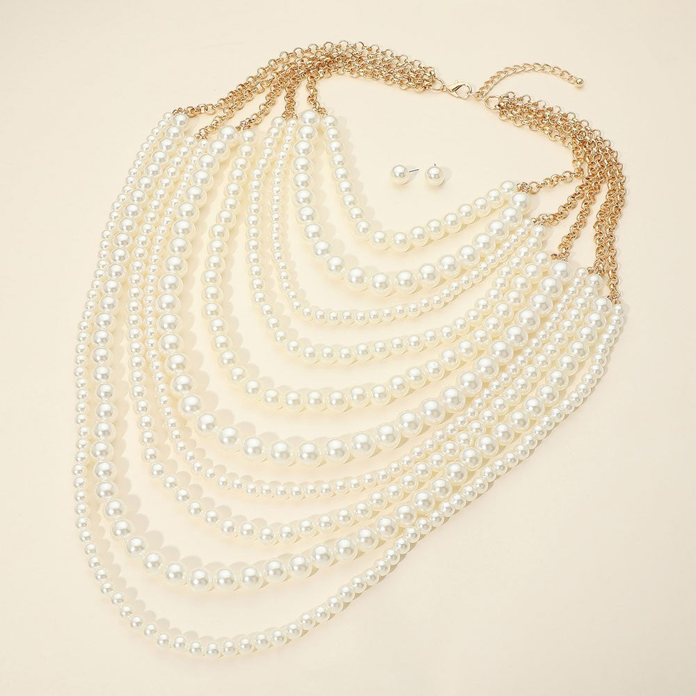 Multi Layer Faux Pearl Statement Necklace and Stud Earrings Set