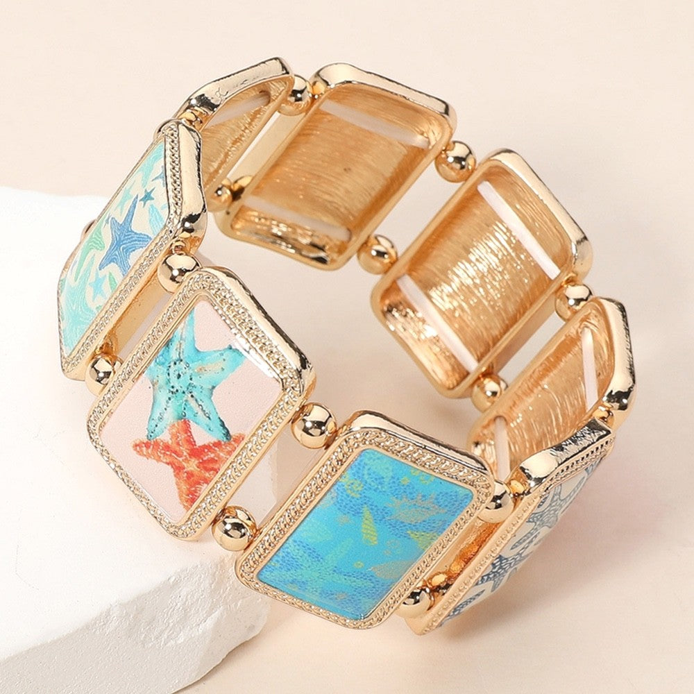 Coastal Starfish Enamel Panel Gold Stretch Bracelet - Beach Vacation Jewelry