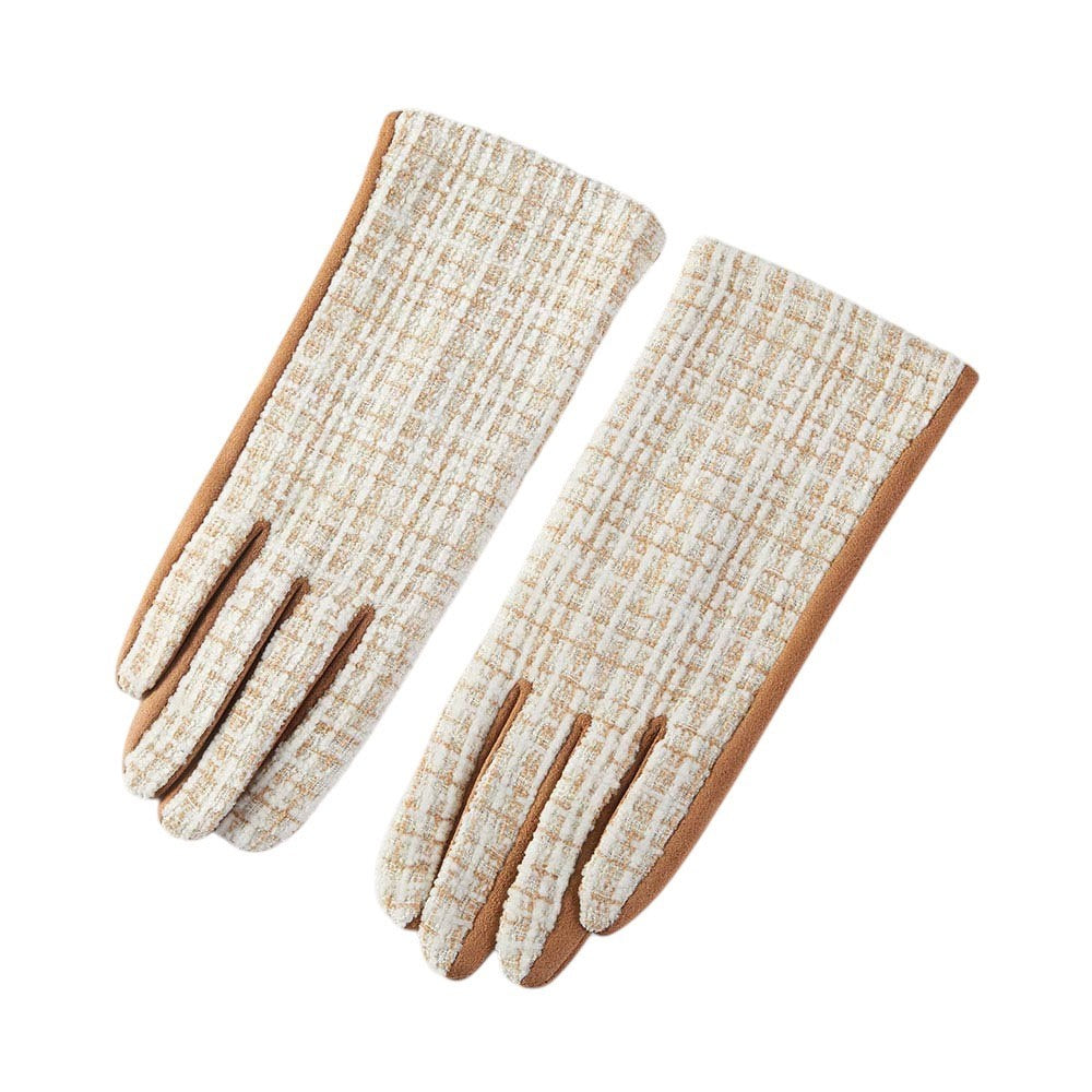 Women's Tan Tweed Smart Touch Winter Gloves Warm Elegant Texting Tech Mittens