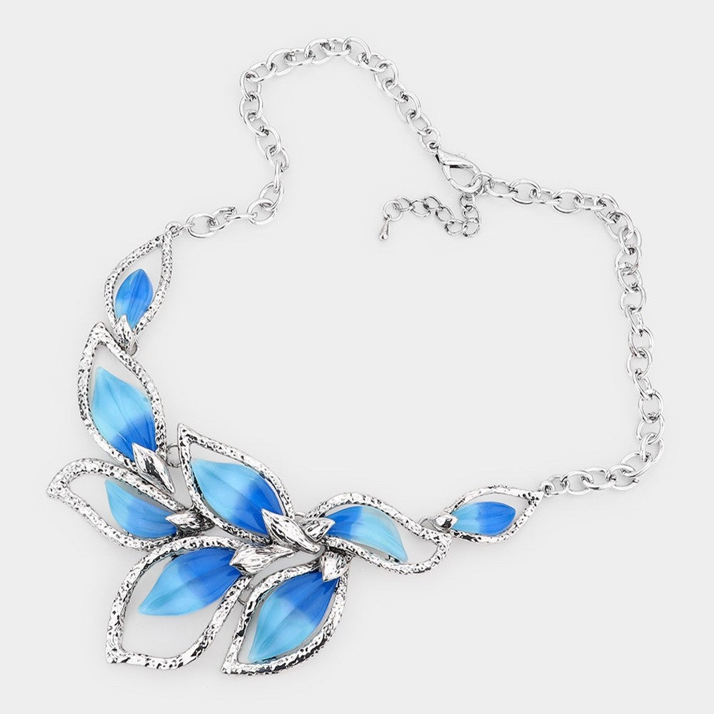 2pc Blue Gradient Leaf Statement Necklace and Dangle Earring Set Silver Tone