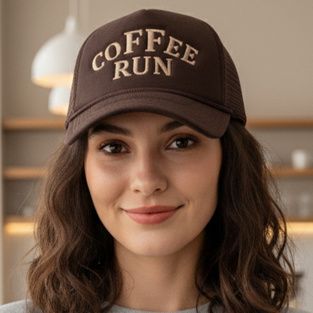 2PCS Coffee Run Brown Trucker Hat Mesh Back Adjustable Snapback Cap Unisex