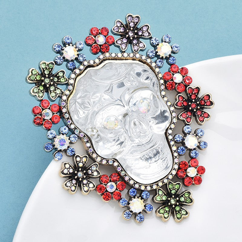 Vintage Large Clear Glass Skull Flower Brooch Pin Rhinestone Gothic 3.03"