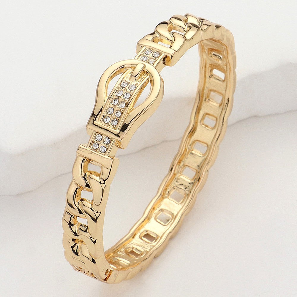 Gold Rhinestone Buckle Curb Chain Link Hinged Bangle Bracelet for Women