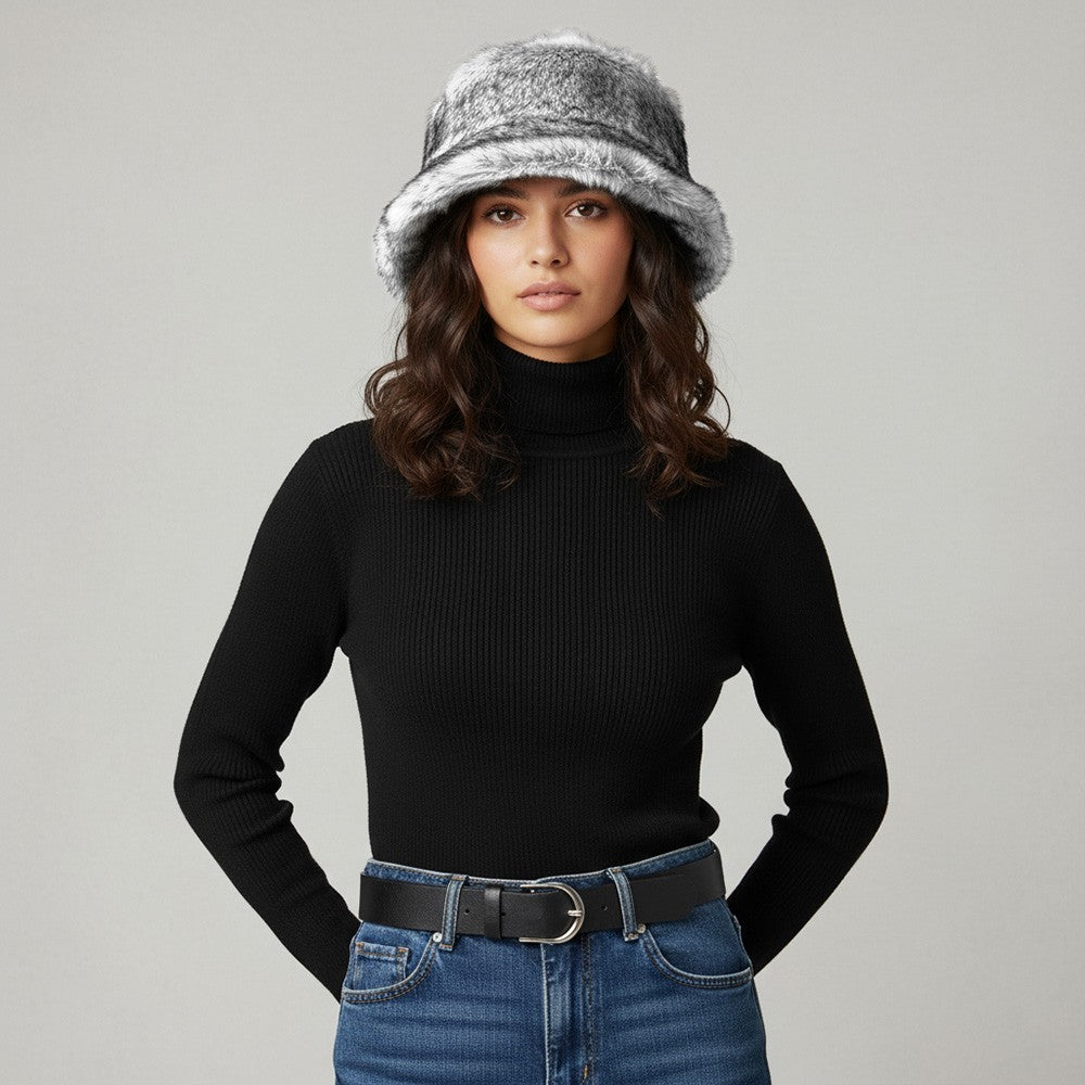 One Size Soft Plush Faux Fur Winter Bucket Hat for Women White Black Marbled