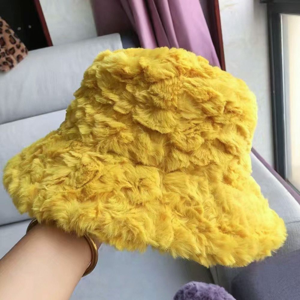 Sunny Yellow Faux Fur Fluffy Bucket Hat Cozy Winter Streetwear