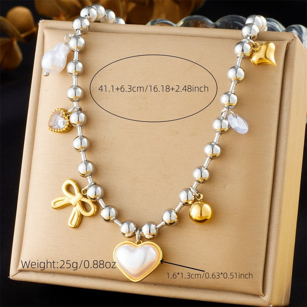 Stainless Steel Cross Heart Ball Necklace for Women Girls Fashion Jewelry Gift