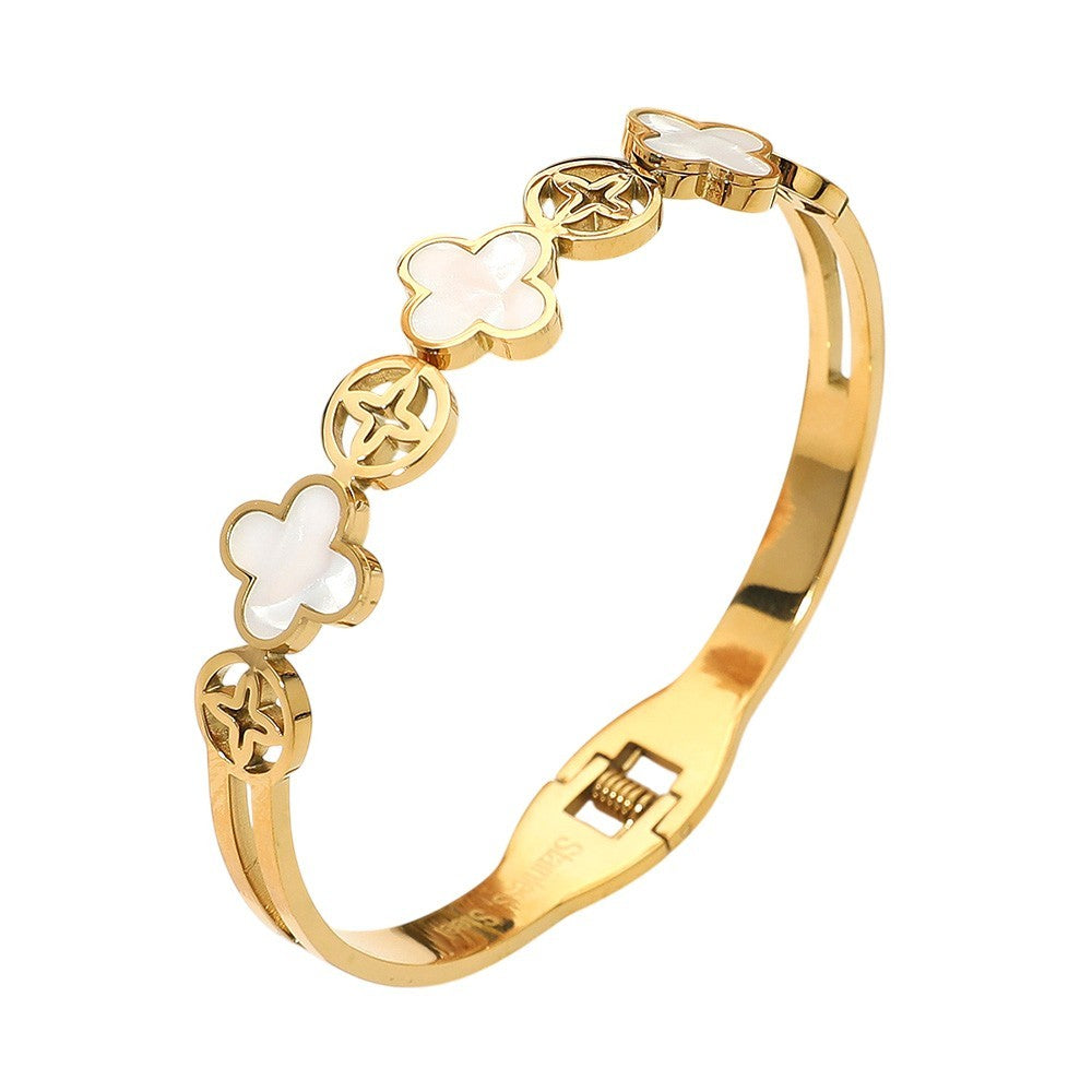 Golden Clover Bangle Mother of Pearl Stainless Steel Bracelet