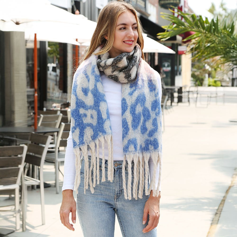 Blue Pink Leopard Print Scarf Oversized Winter Shawl Chunky Fringe Wrap 76x15