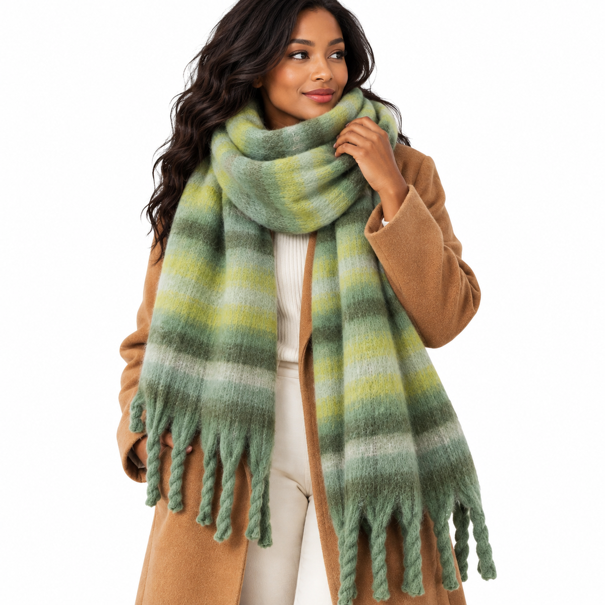 Women's Oversized Green Plaid Winter Scarf with Twisted Fringe