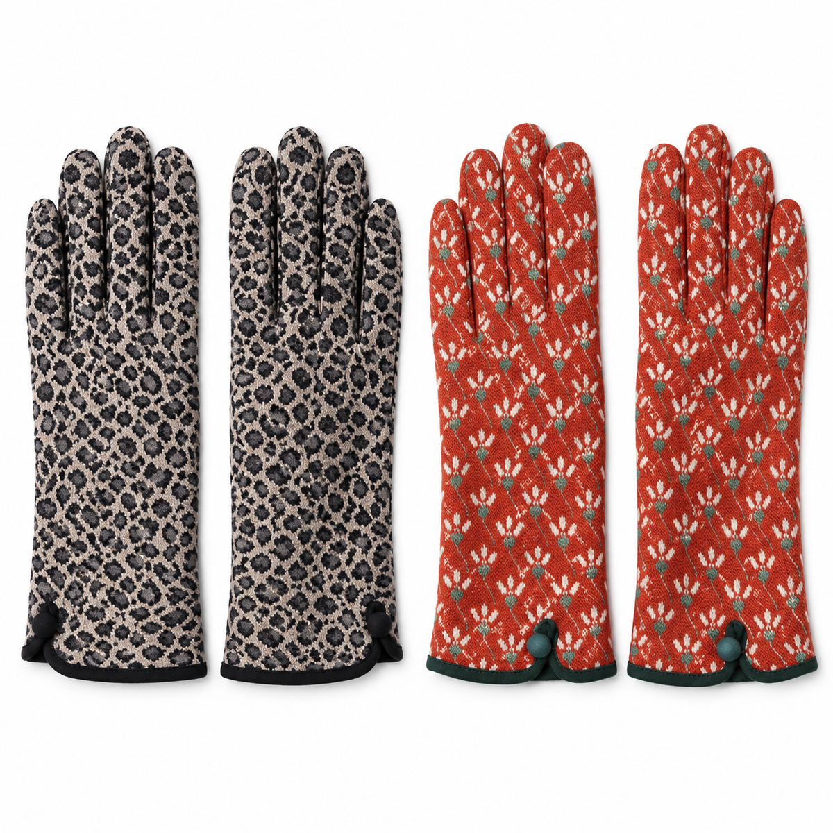 Women’s Patterned Knit Winter Gloves Set – 2 Pairs, Leopard & Floral
