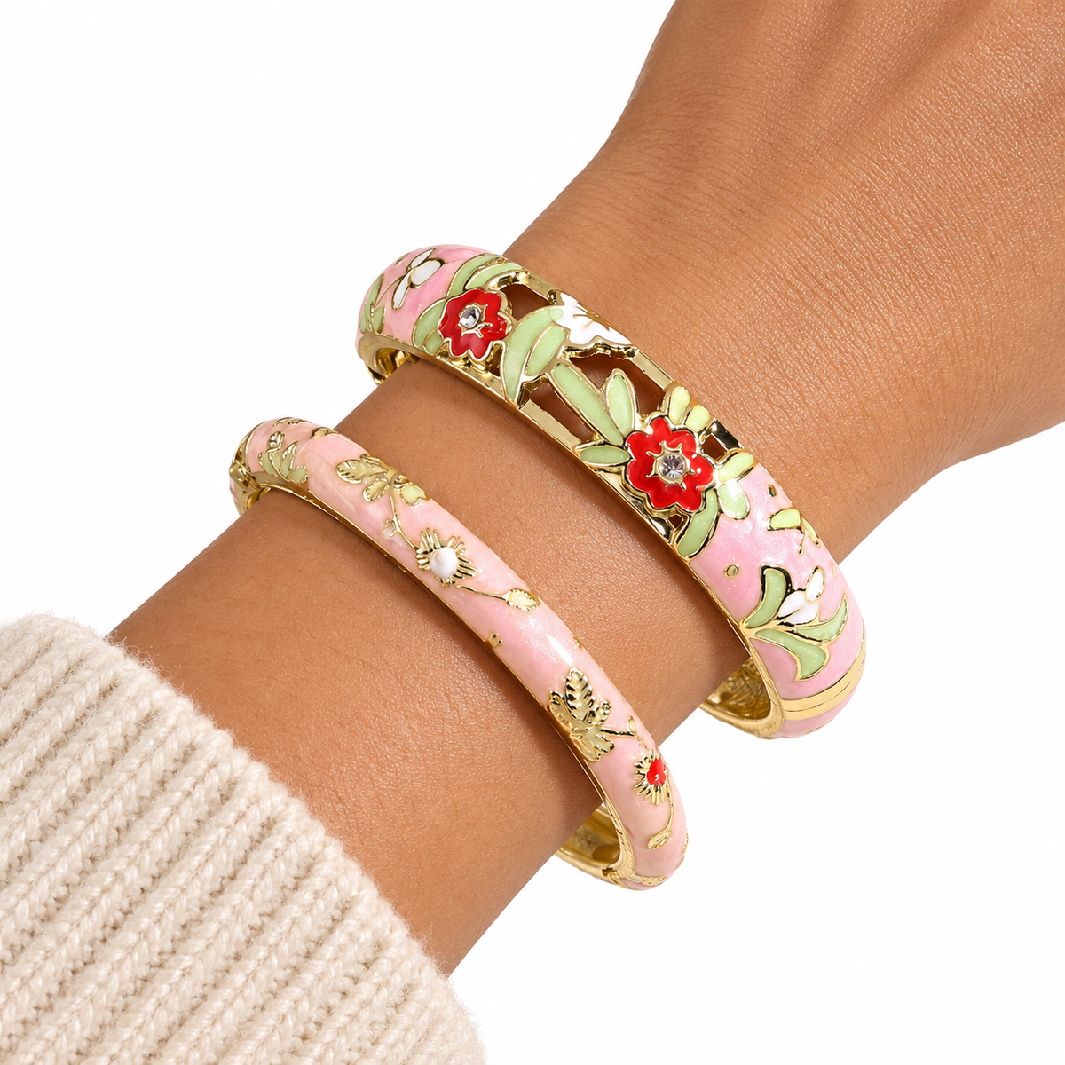 Pink Floral Cloisonné Enamel Hinged Bangle Set, 2 Pieces