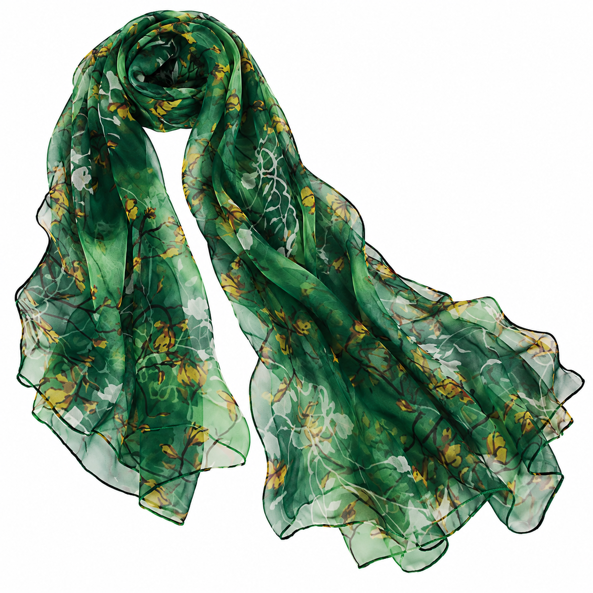 Emerald Green Floral Print Chiffon Scarf