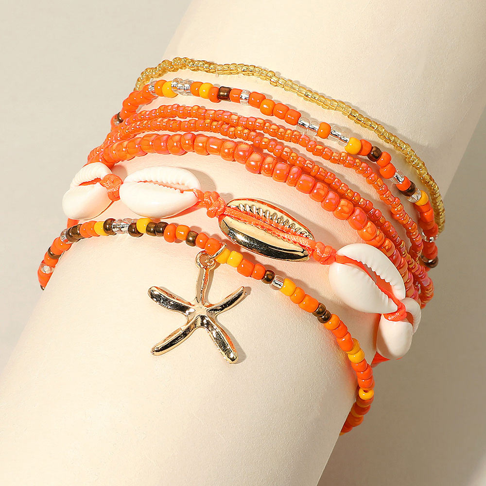 6PCS Starfish Charm Accented Conch Shell Seed Beaded Multi Layered Anklets Set