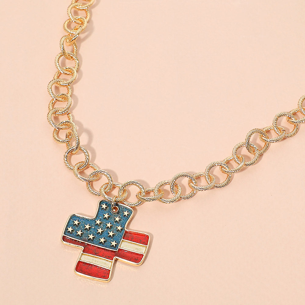 American USA Flag Cross Pendant Chunky Chain Necklace