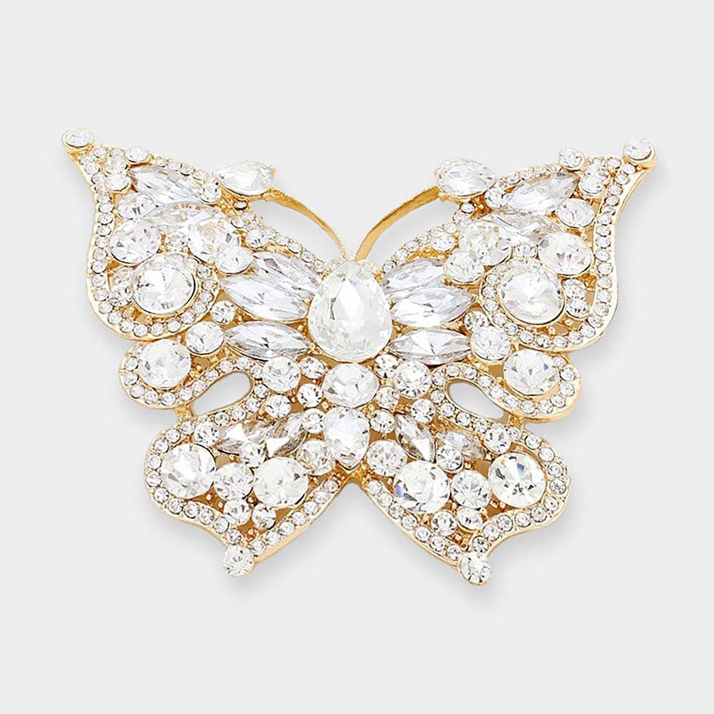 2 Piece Crystal Butterfly Brooch Pin Set Gold and Black Rhinestone Lapel Pins