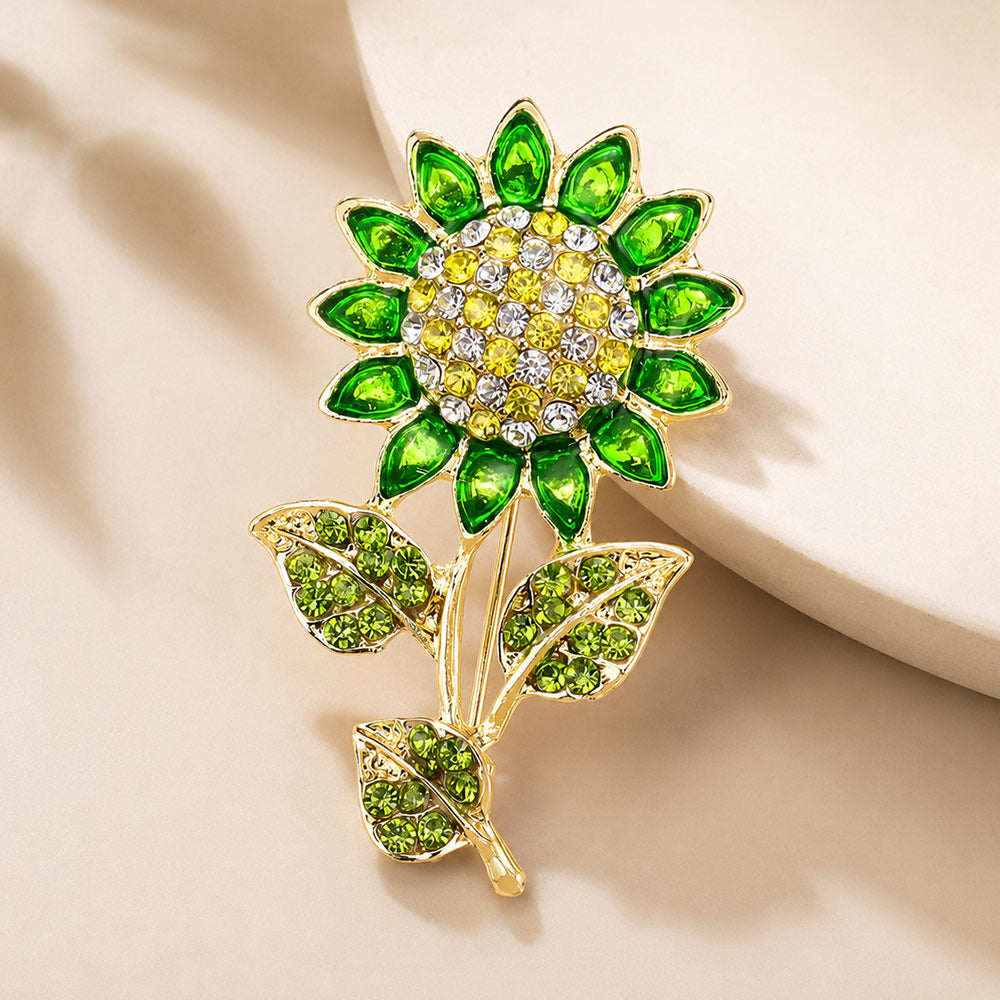 2 Piece Crystal Enamel Sunflower Brooch Pin Set