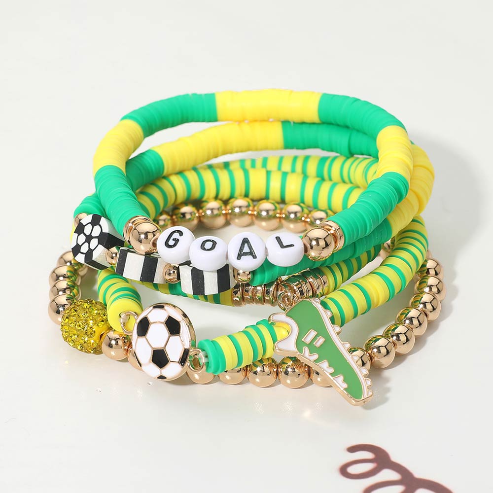 5PCS Soccer Shoe Charm Goal Message Heishi Beaded Stretch Bracelet Set Multi Layered Game Day Soccer Fan Jewelry World Cup Accessories