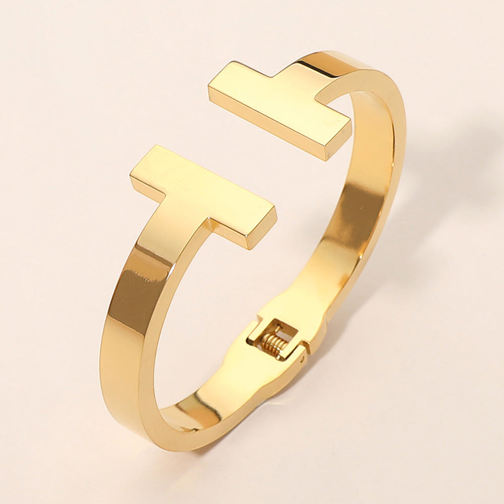Gold Tone T Bar Cuff Bracelet for Women Hinged Open Bangle Minimalist Jewelry