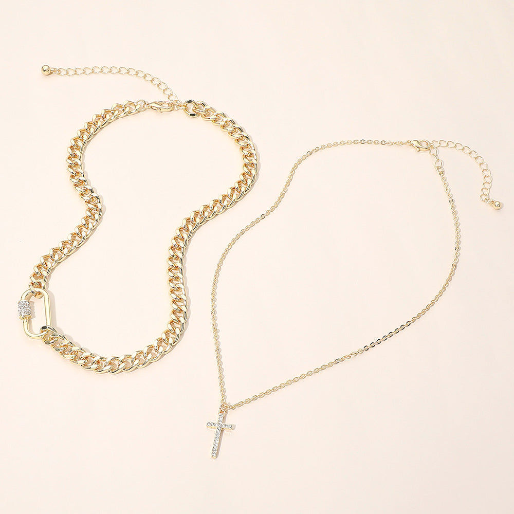 2pcs Gold Dipped Cross Pendant Chunky Chain Necklaces for Women c