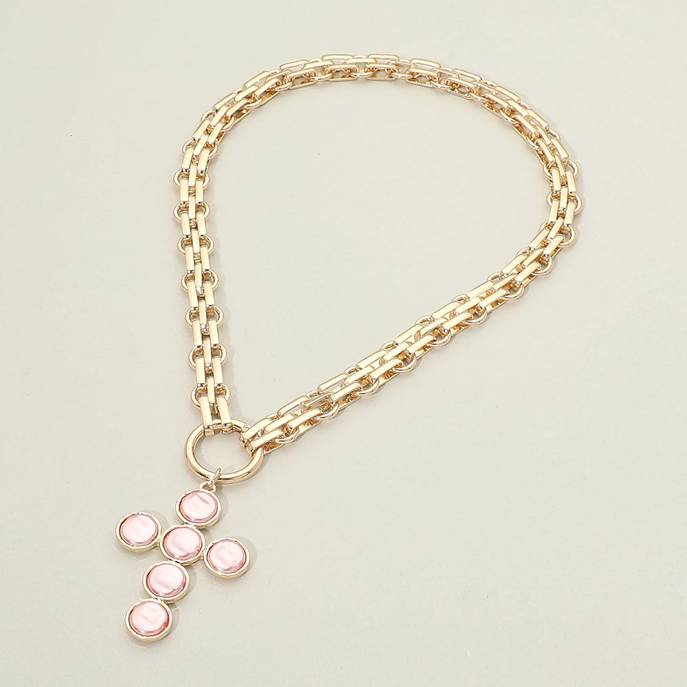 Pink Crystal Cross Pendant Gold Chain Necklace