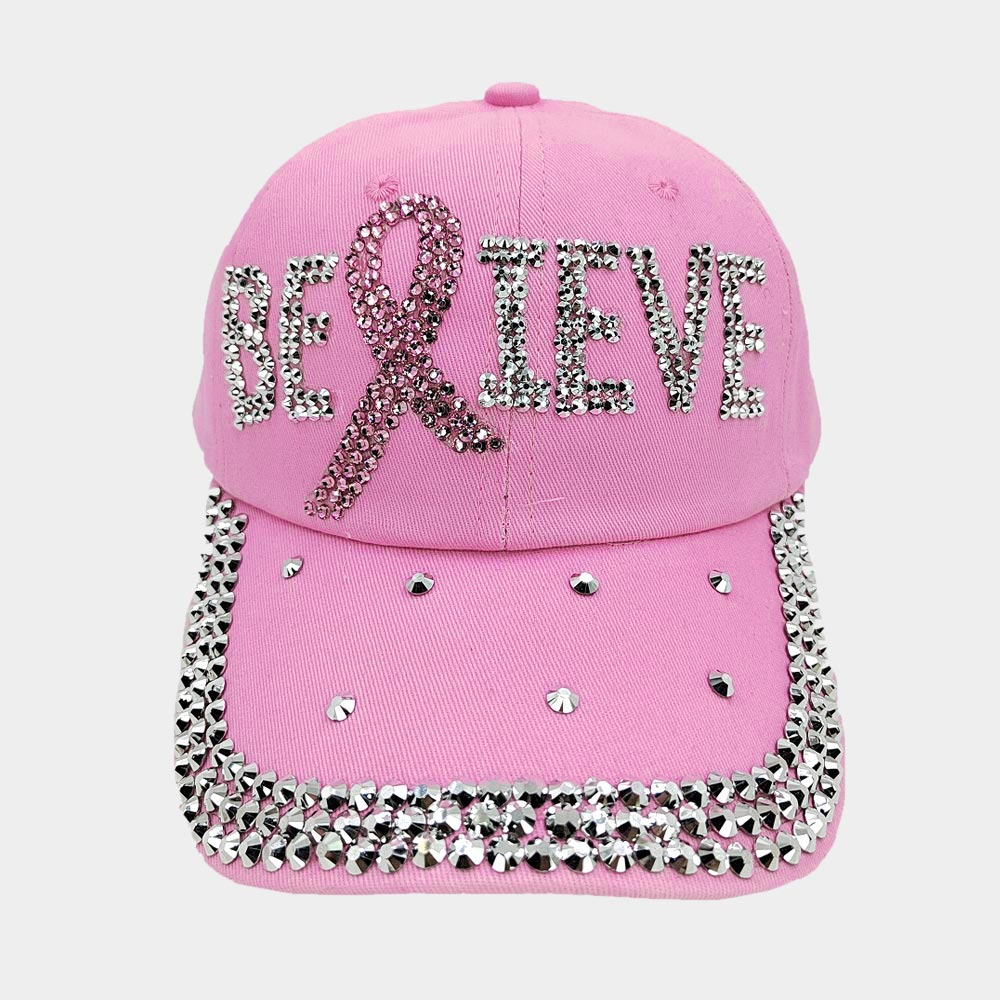 Pink Rhinestone Believe Ribbon Cotton Baseball Cap