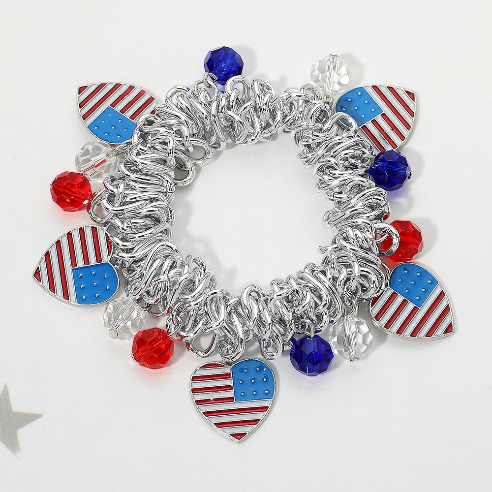American Flag Heart Charm Beaded Stretch Bracelet – Patriotic Red White Blue Chunky Bracelet for Women