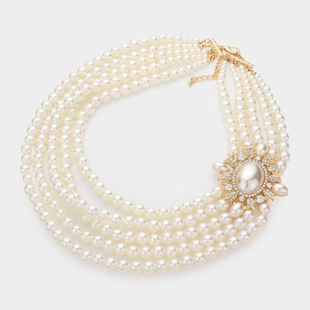 Oval Pearl Accented Multi-Layered Bib Necklace – Elegant Statement Pearl Layered Necklace for Women