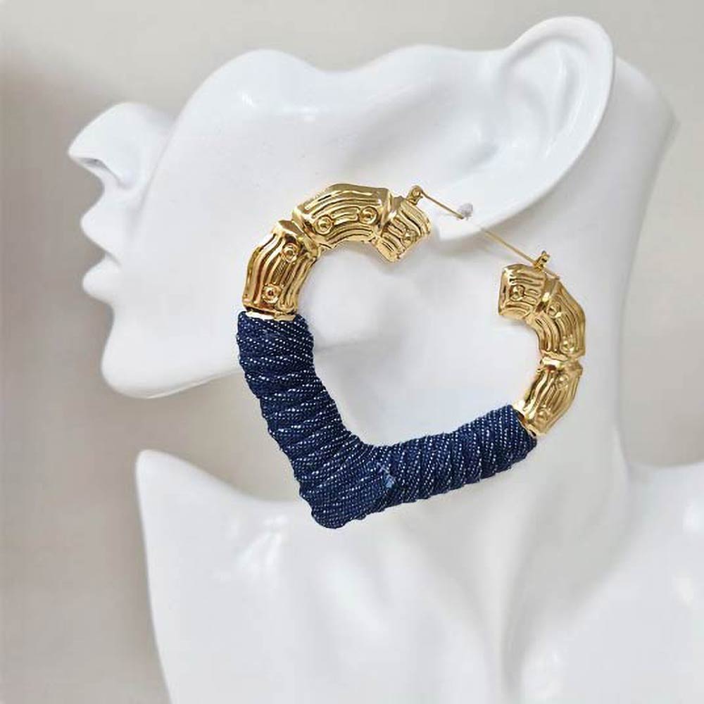 Bold Textured Denim Fabric Wrapped Heart Pin Catch Statement Hoop Earrings – Trendy Blue Heart Hoop Earrings for Women