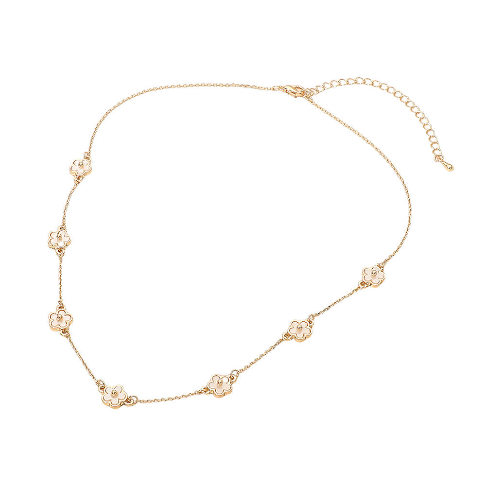 Floral Charm Station Necklace Delicate Flower Beaded Layered Charm Necklace for Women