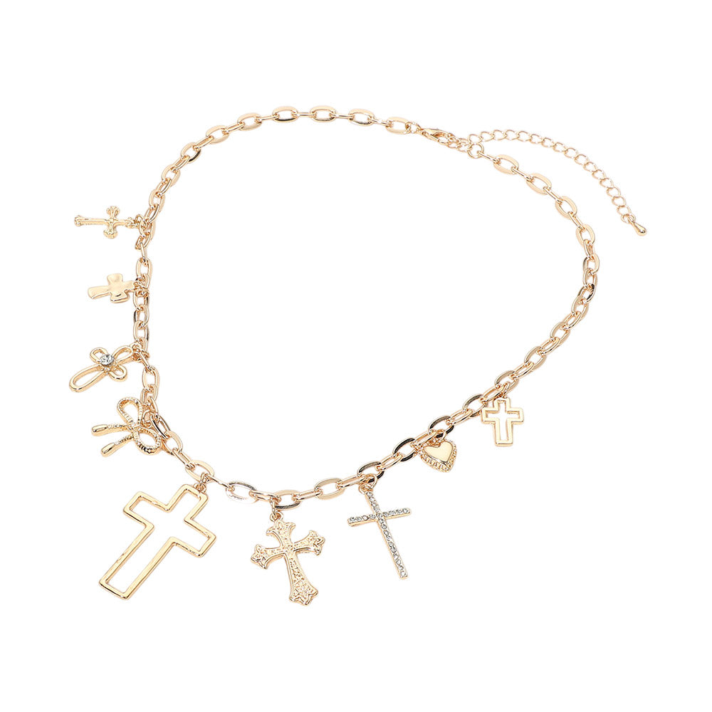 Cross Bow Heart Charm Station Necklace – Trendy Layered Charm Necklace with Mixed Religious & Romantic Symbols for Women