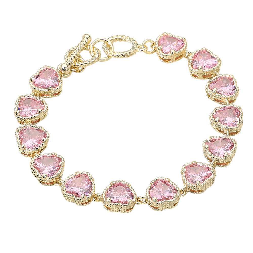 14K Gold Plated CZ Heart Stone Cluster Link Toggle Bracelet – Elegant Heart Charm Statement Bracelet for Women