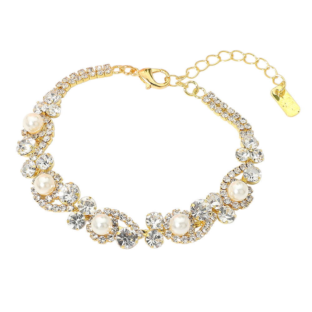 Pearl Crystal Vine Evening Bracelet – Elegant Stretch Rhinestone Pearl Statement Bracelet for Women