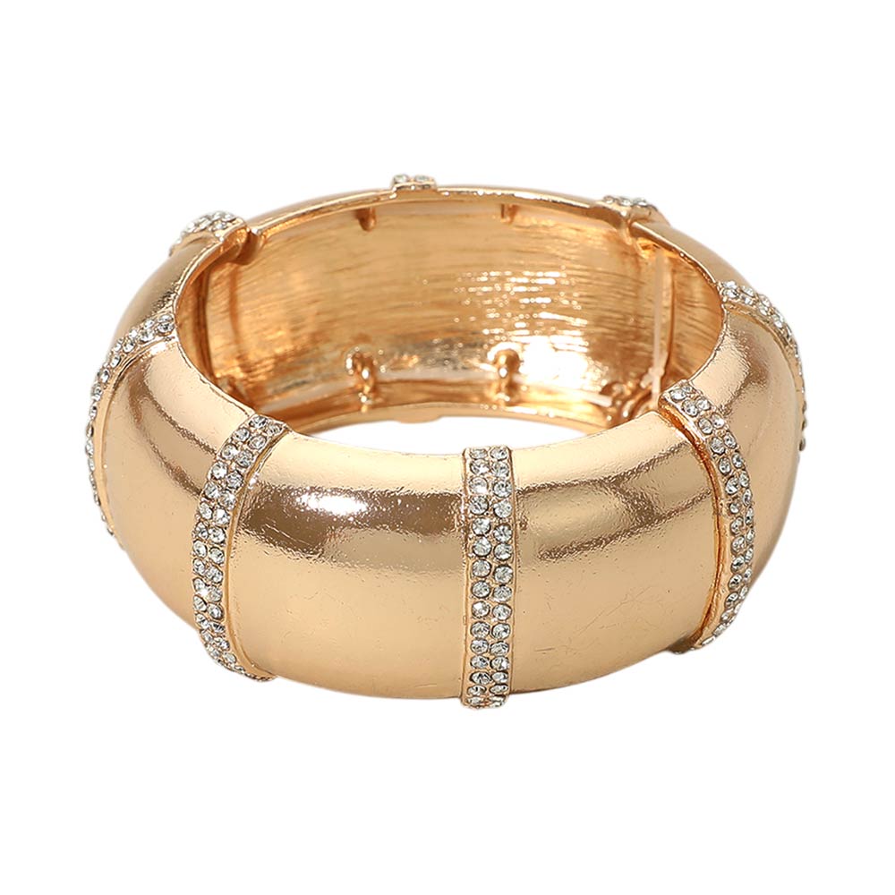 Rhinestone Pavé Line Wide Metal Stretch Bracelet – Wide Crystal Statement Stretch Bracelet for Women