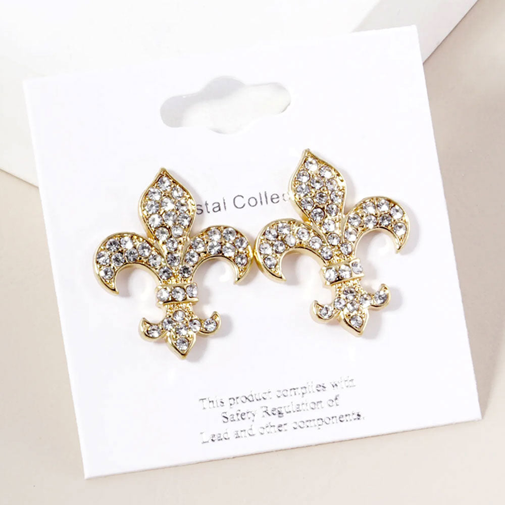 Crystal Stone Paved Fleur de Lis Stud Earrings – Elegant Pavé Rhinestone Symbol Stud Earrings for Women